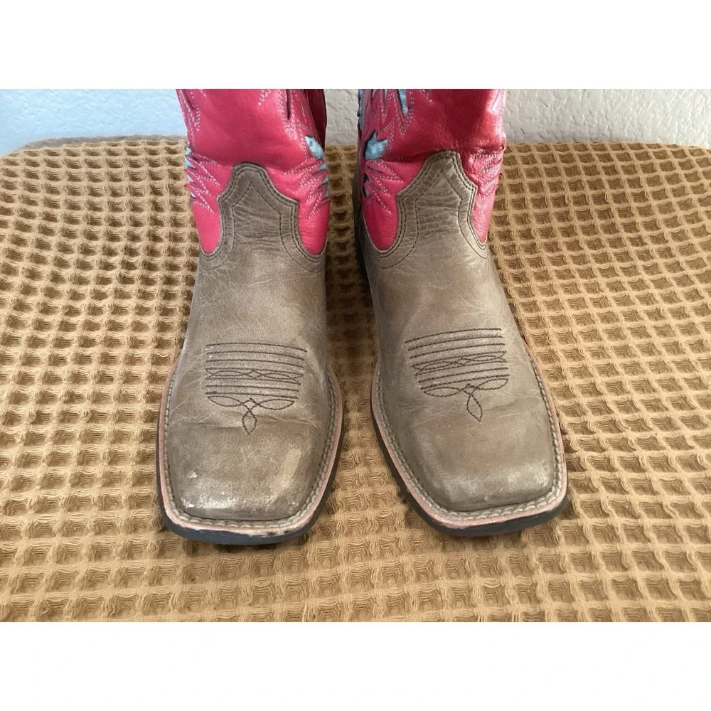Ariat Pink Square Toe Boots Girls Sz 3 Brown Leather Western Cross Cowgirl